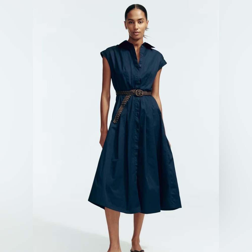 H&M Dark Blue Midi Dress with Belt